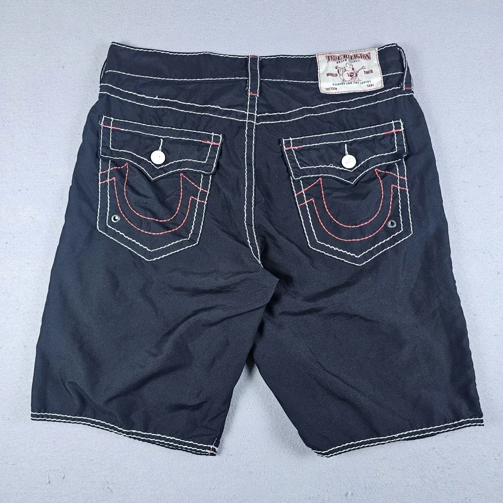 True Religion Boardshorts Mens 33 Black Flap Pockets Swim Surf Trunks 10